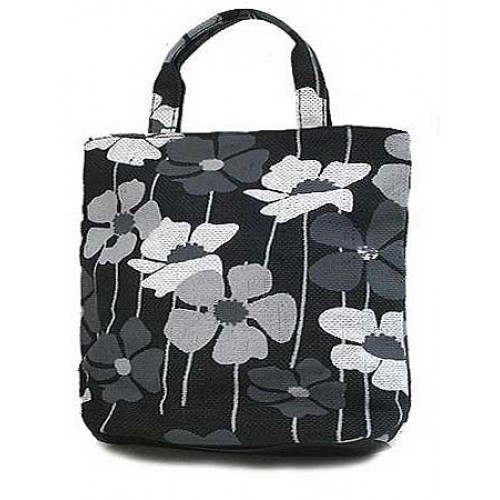 Black - White Floral Print Paper Straw Tote - BG-ST825BK